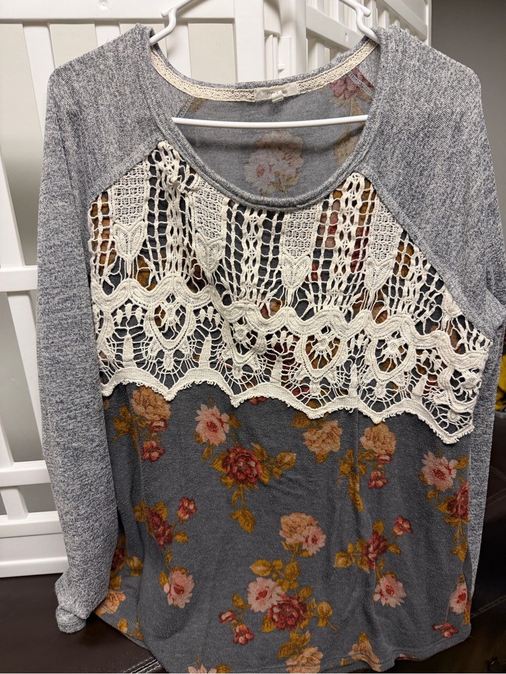 Maurices Gray Floral Raglan Top with Cream Crochet Yoke